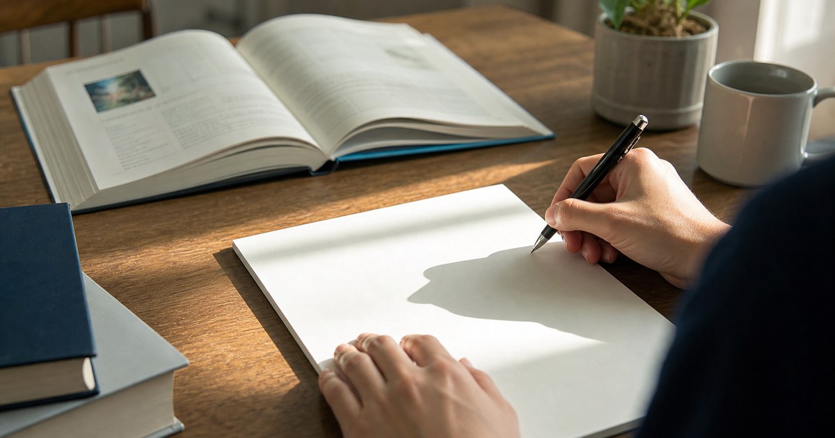 教科書を見ずに白紙へ要点を書き出す手元