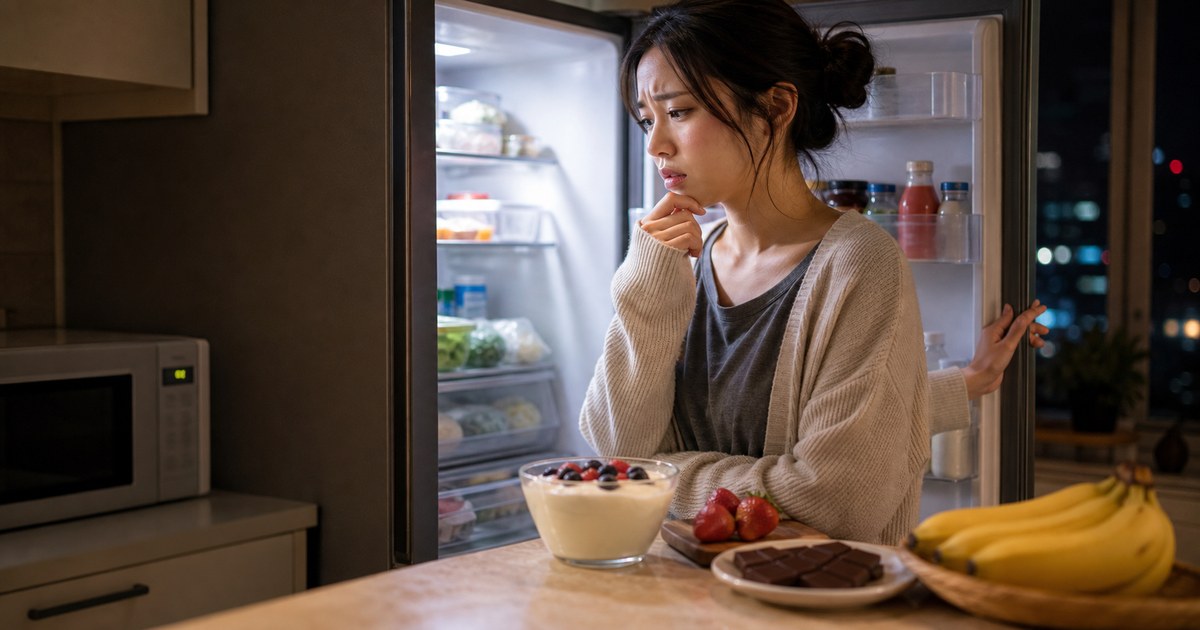 夜のキッチンで冷蔵庫の前に立ち、食べるか迷う女性
