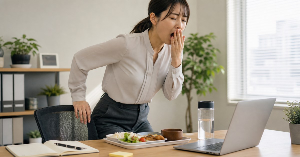 昼食後の眠気で立ち上がる人物