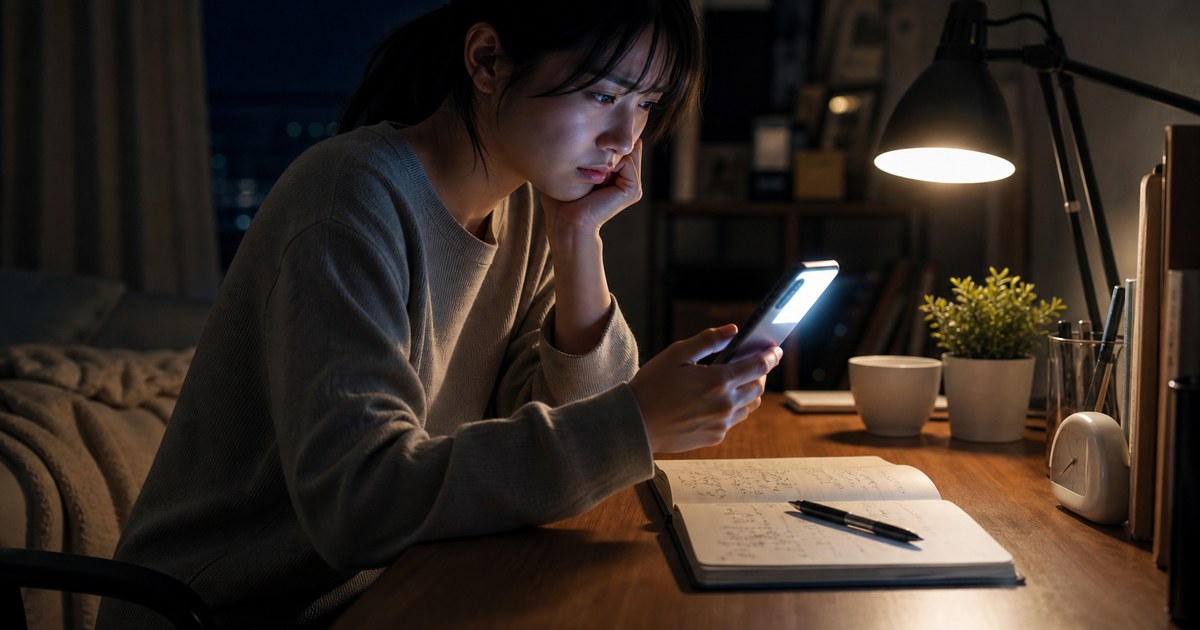 スマホを見ながら比較に揺れる人物と、そばに置かれたノート