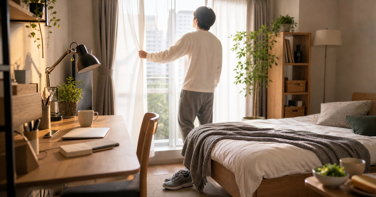 朝の光の入る部屋でカーテンを開けるひとり暮らしの人物