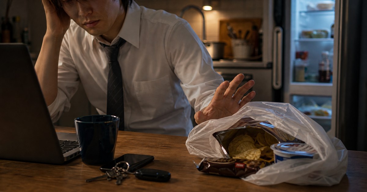 仕事帰りのキッチンでお菓子に手を伸ばしかけて立ち止まる人物
