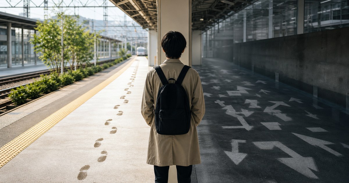 分かれ道の前で考える人物と、片側だけ鮮明に見える足跡