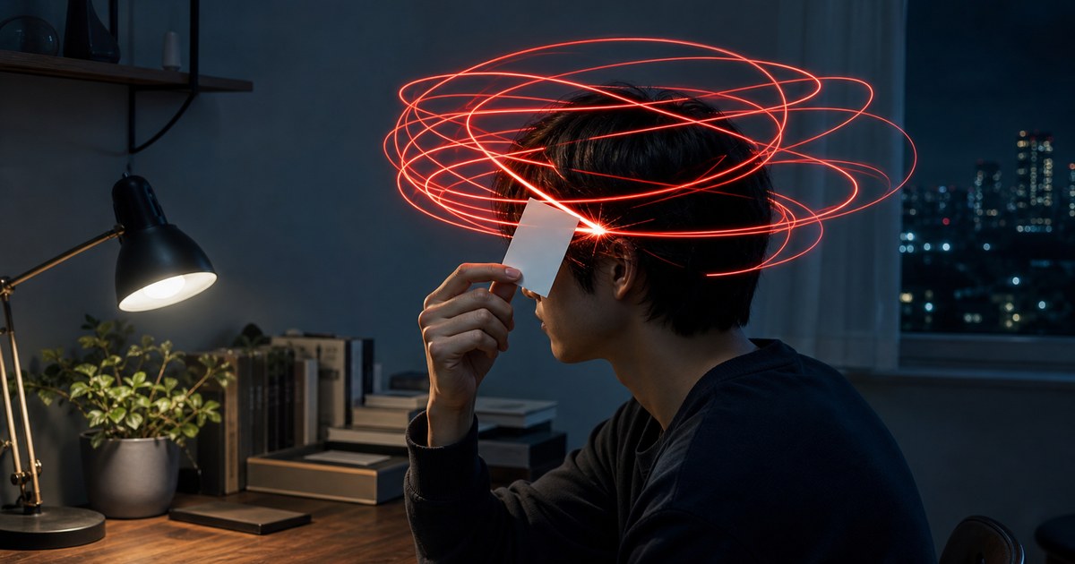 頭の周りで赤いループが回り続ける人物のイメージ