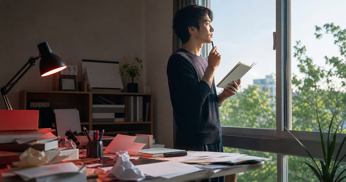 デスクを離れて窓辺で考える人物