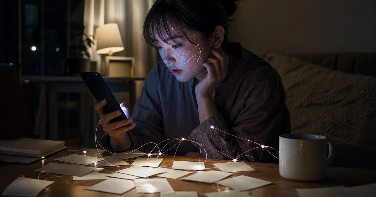 スマホの占いを見つめながら意味を結びつけている人物