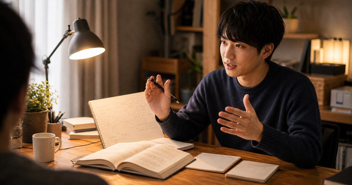 空いた椅子に向かってノート内容を説明する学習者