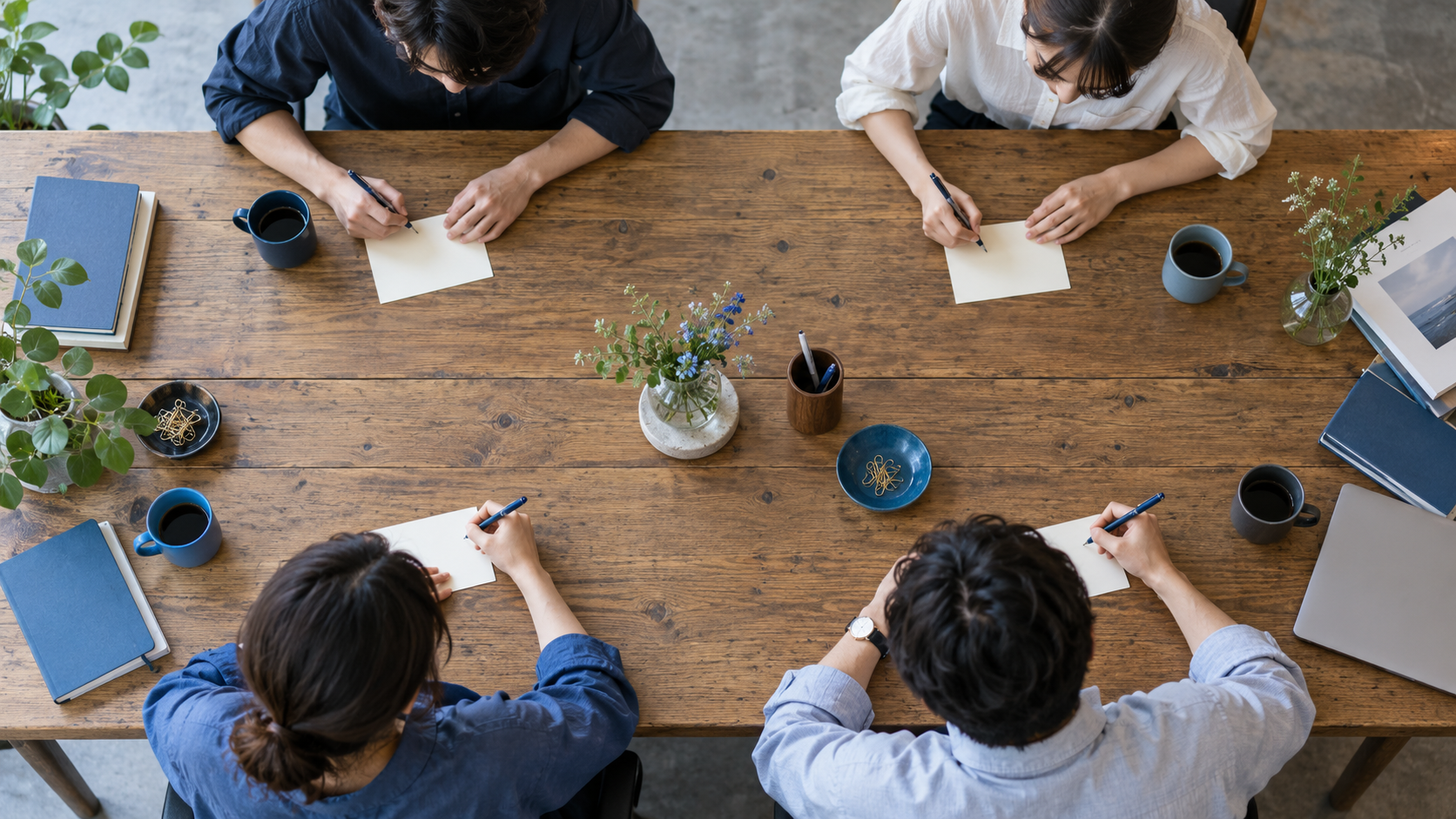 会話の前にそれぞれ白いカードへ案を書く職場の人たち