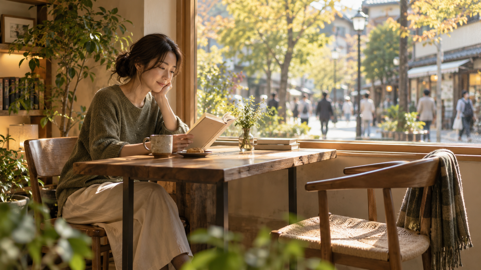 窓辺でお茶と本を楽しみながら静かな時間を過ごす人