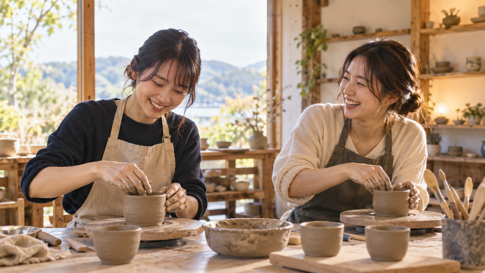 陶芸の体験を一緒に楽しむ二人の友人
