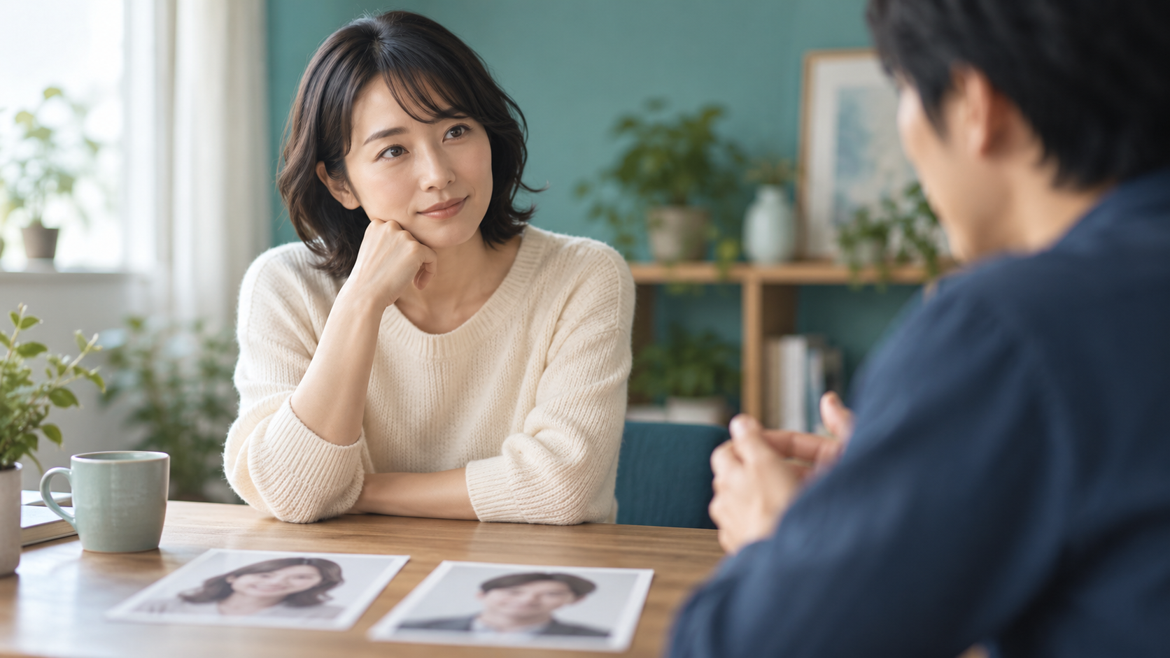 会話する人と手前にぼけた肖像写真がある場面