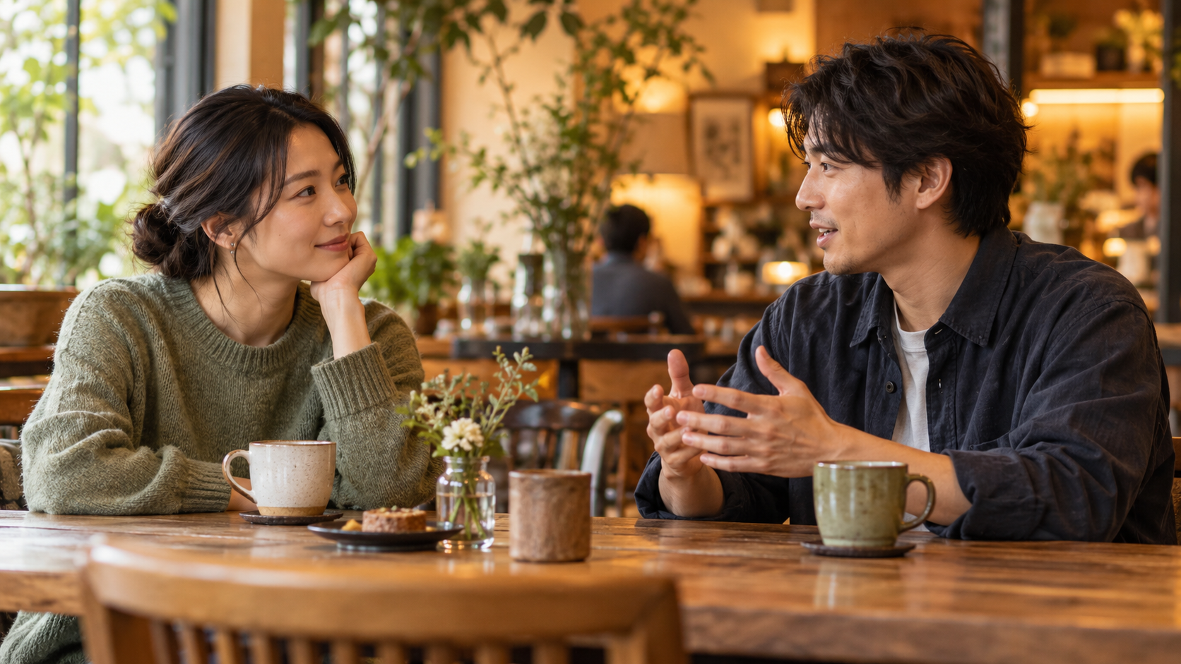 カフェで相手の話に注意を向けながら会話する二人