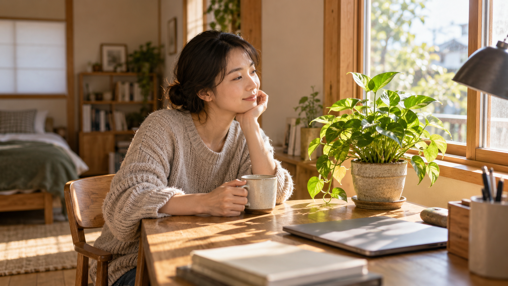 日差しの入る机で一鉢の観葉植物を眺める人