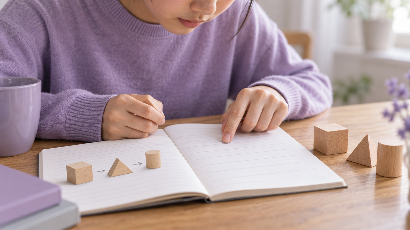 ノートの解法の順番を指で追いながら考える学生
