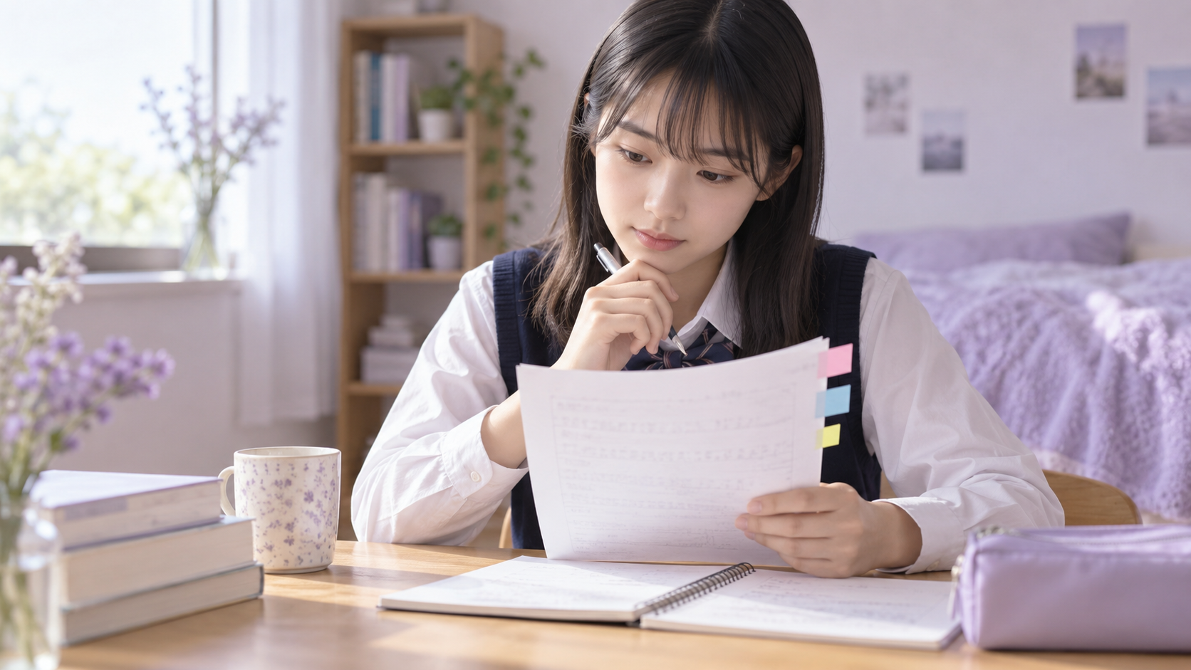 模試の用紙と色の付せんを見ながら判断を振り返る学生