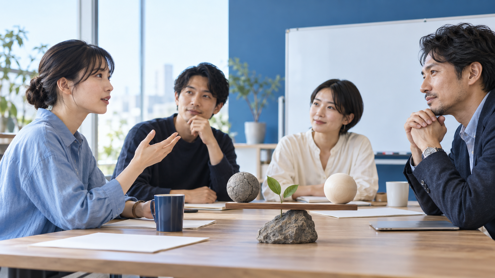 質問するメンバーの意見を落ち着いて聞く職場のチーム