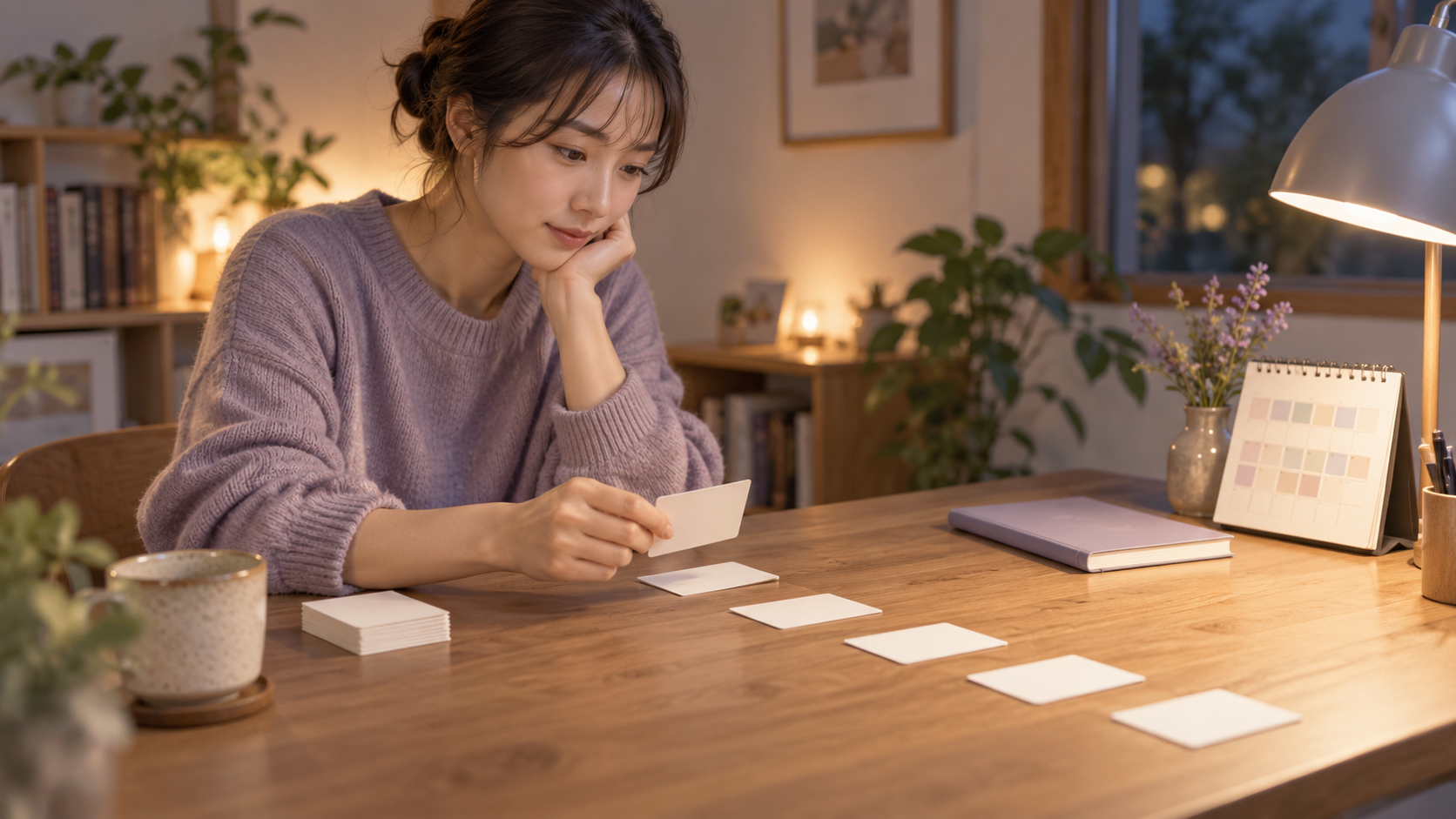 間隔を空けて置いた白い暗記カードを見直す学習者