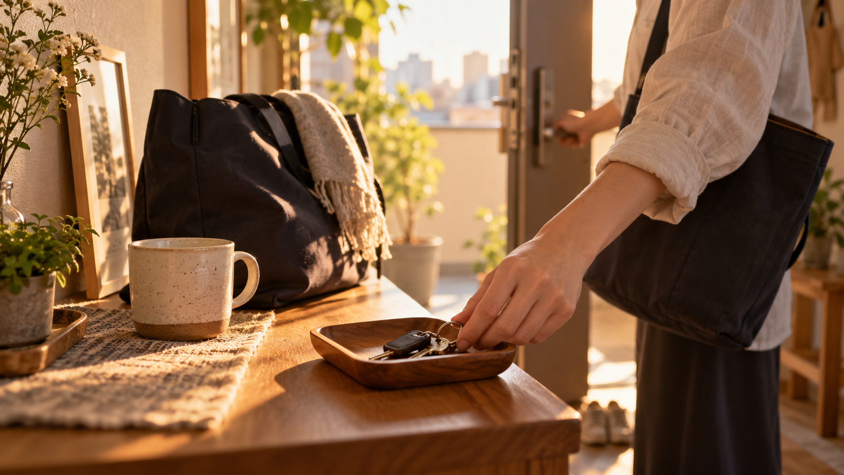 玄関で決まったトレーから鍵を取る人と用意されたバッグ
