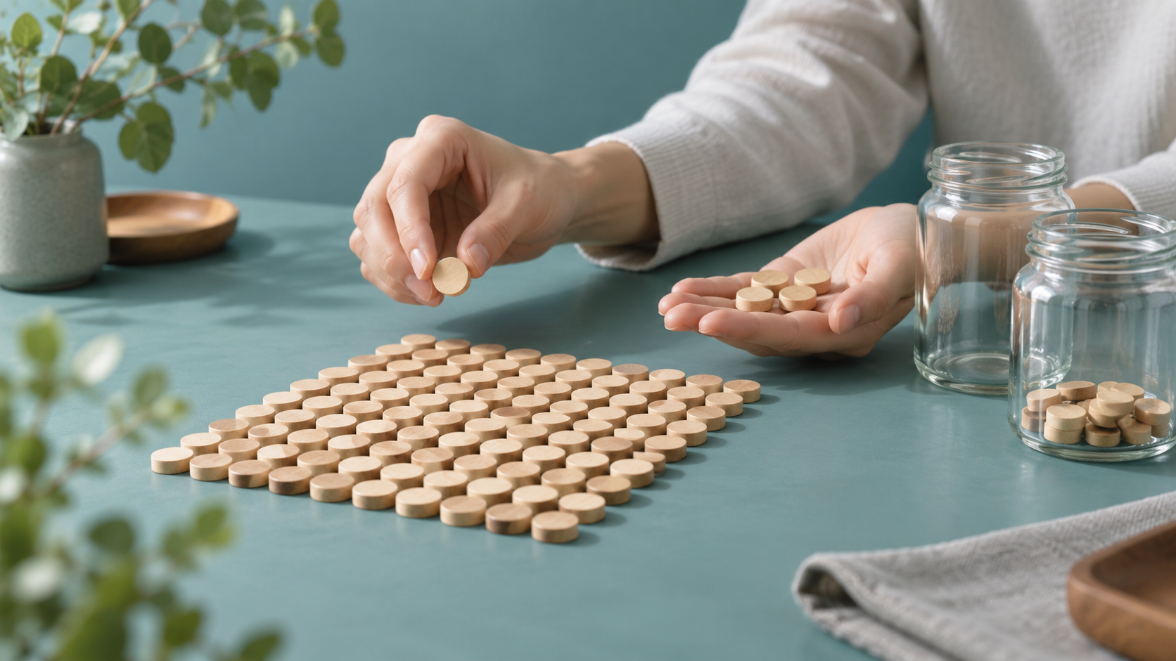 木製の小さな駒の全体と一部を見比べる手