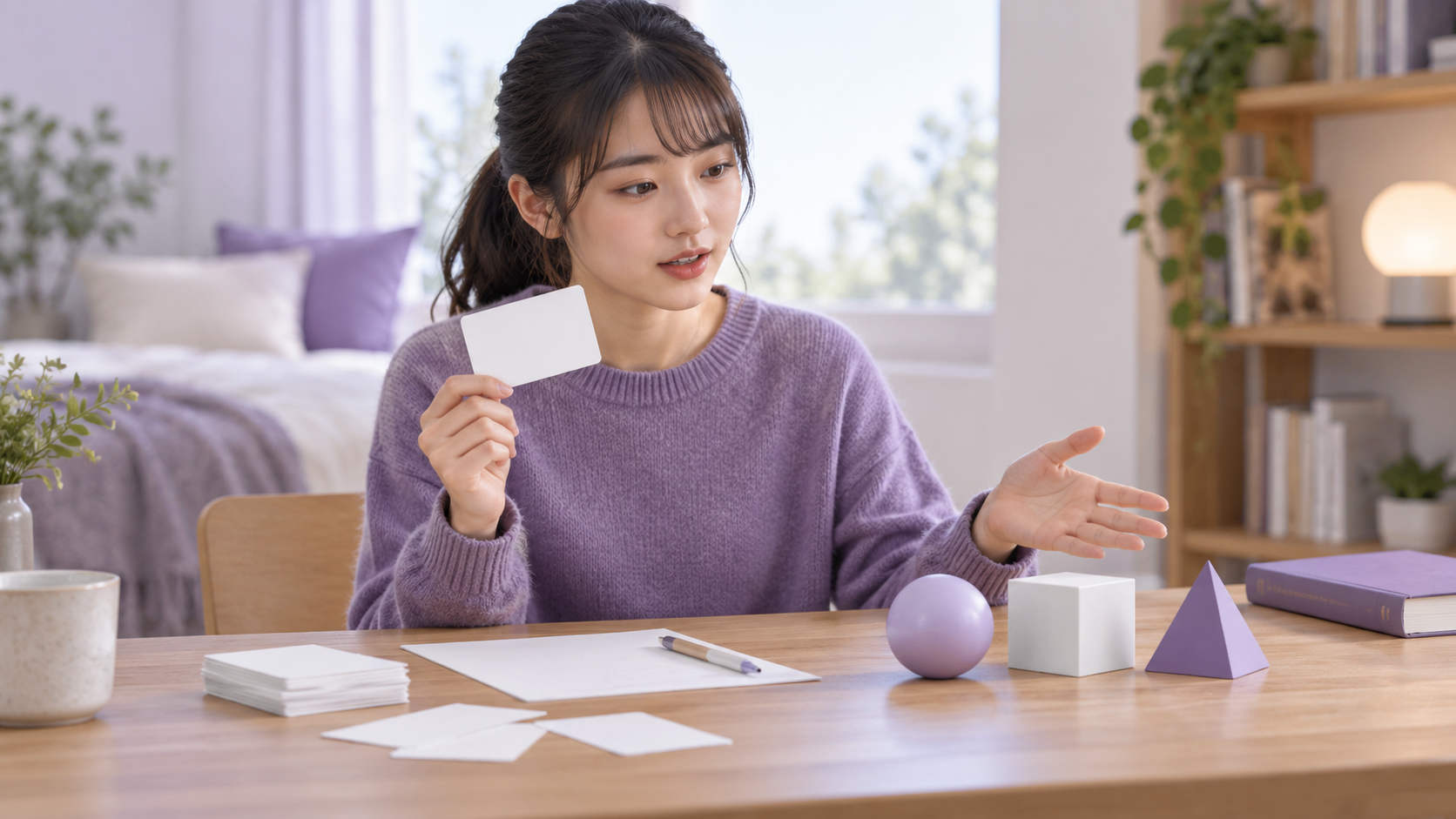 暗記カードの答えを考えた後に図形を使って説明する学生