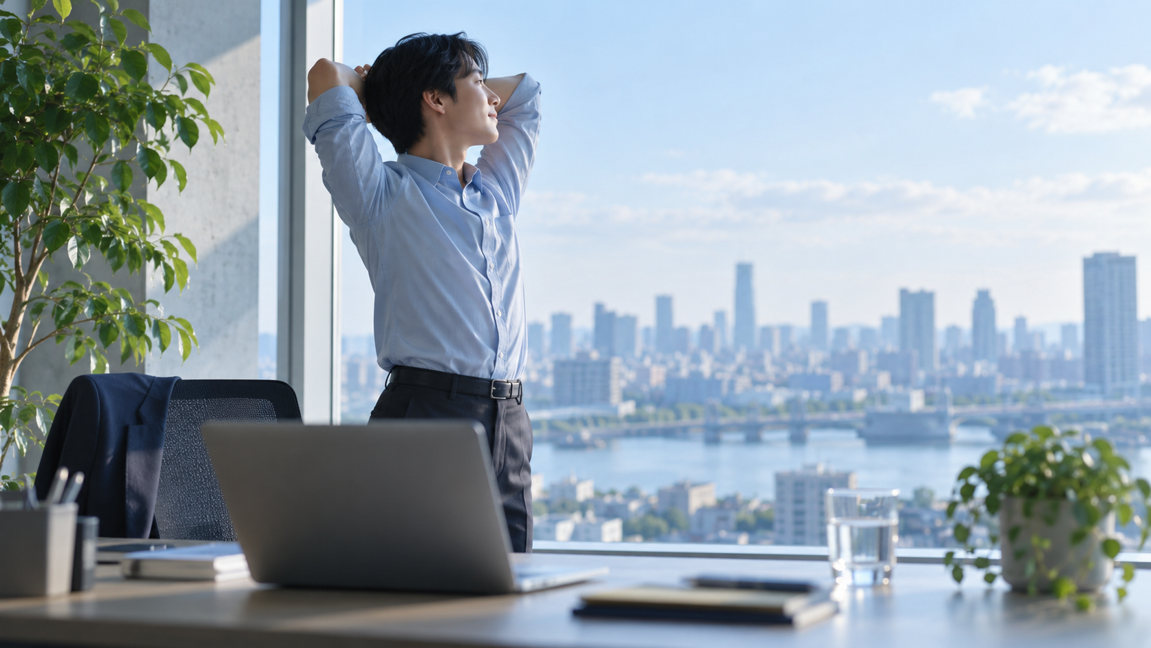 仕事の合間に窓の外を見ながら体を伸ばす人