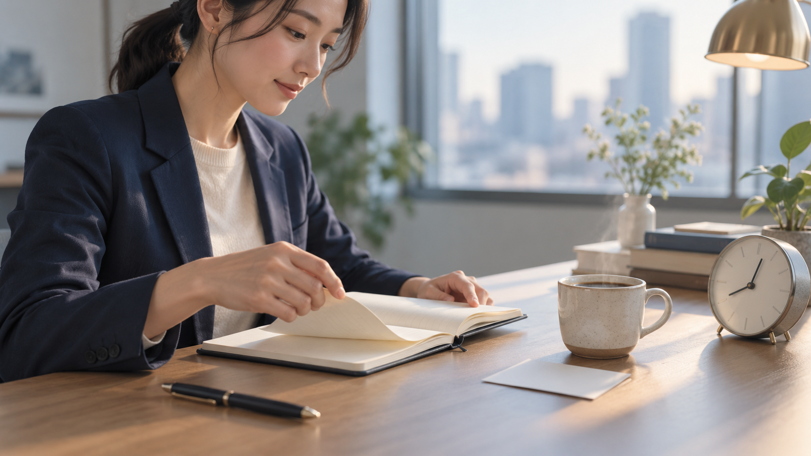 朝のコーヒーを置いた後に仕事のノートを開く人